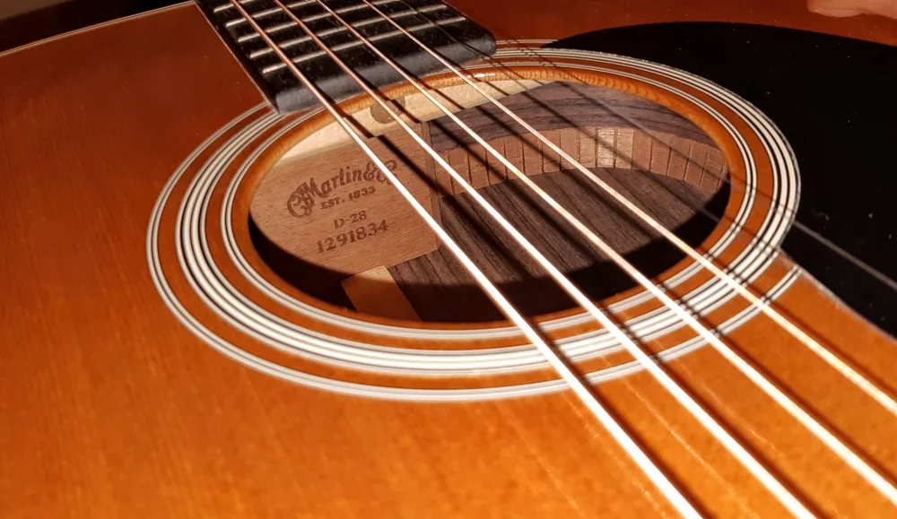 A close-up of an acoustic guitar